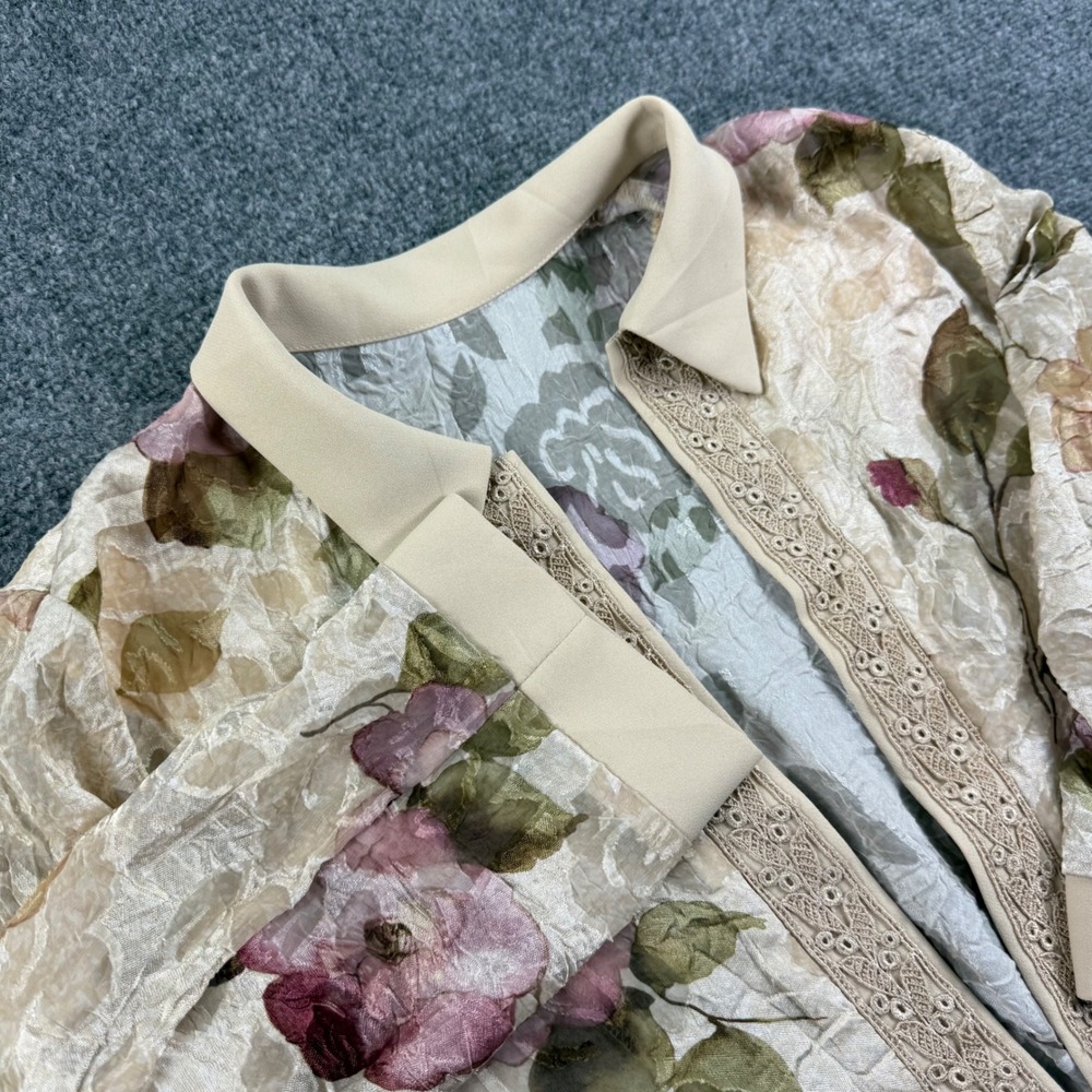 Unbranded Floral Jacket Large Beige Sheer Crinkle Lace Trim Open Front Women's